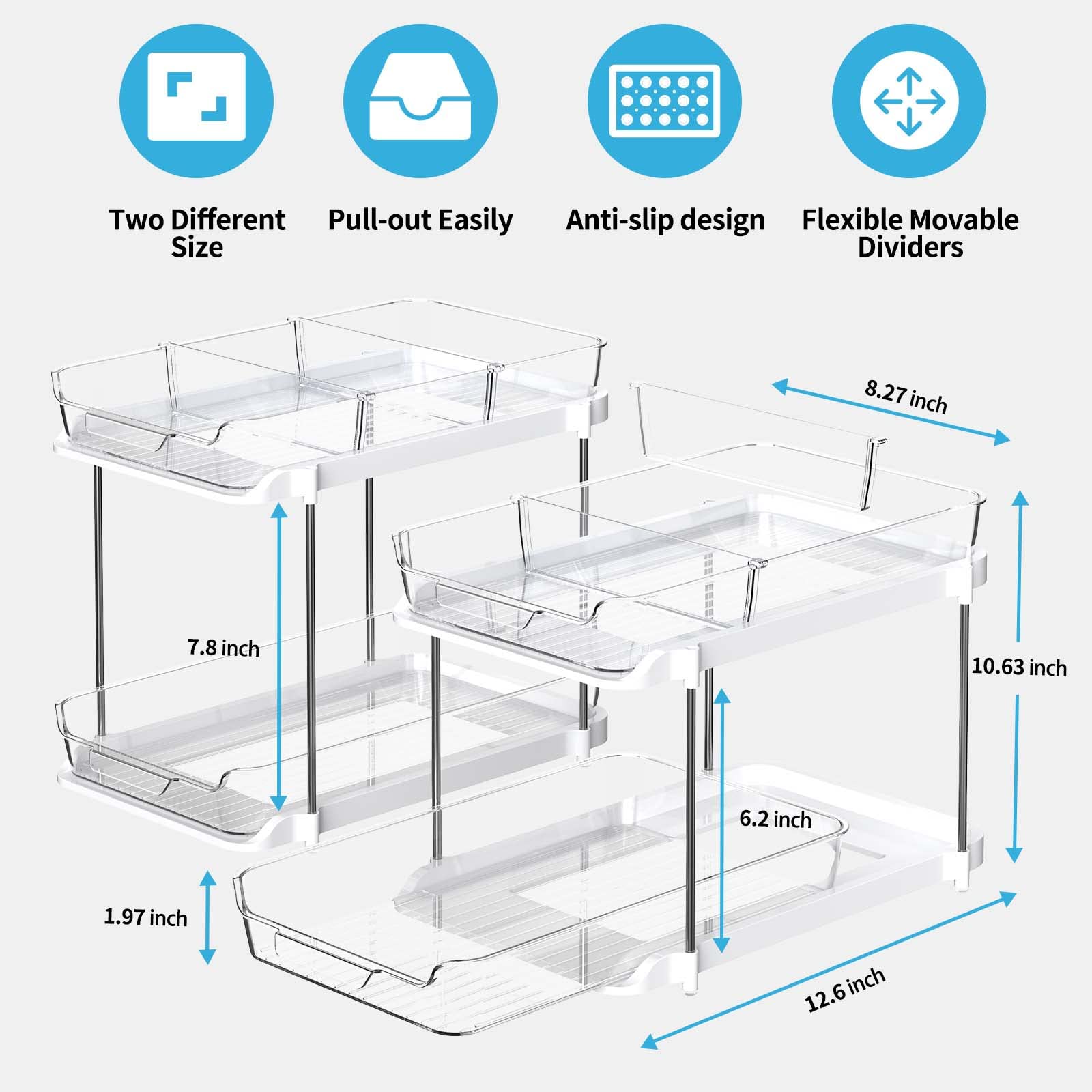  Delamu 2 Sets of 2-Tier Multi-Purpose Bathroom Under Sink  Organizers and Storage, Stackable Kitchen Pantry Organization, Pull Out  Medicine Cabinet Organizer with 8 Movable Dividers