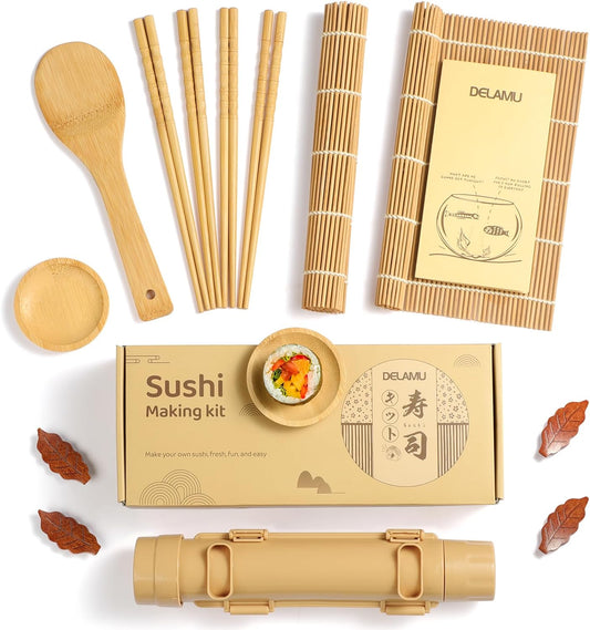 Delamu Sushi Making Kit, [Easy] Sushi Kit for Beginners/Pros Sushi Makers, Practical Bamboo Sushi Mats, Sushi Bazooka, Chopsticks, Guide & More