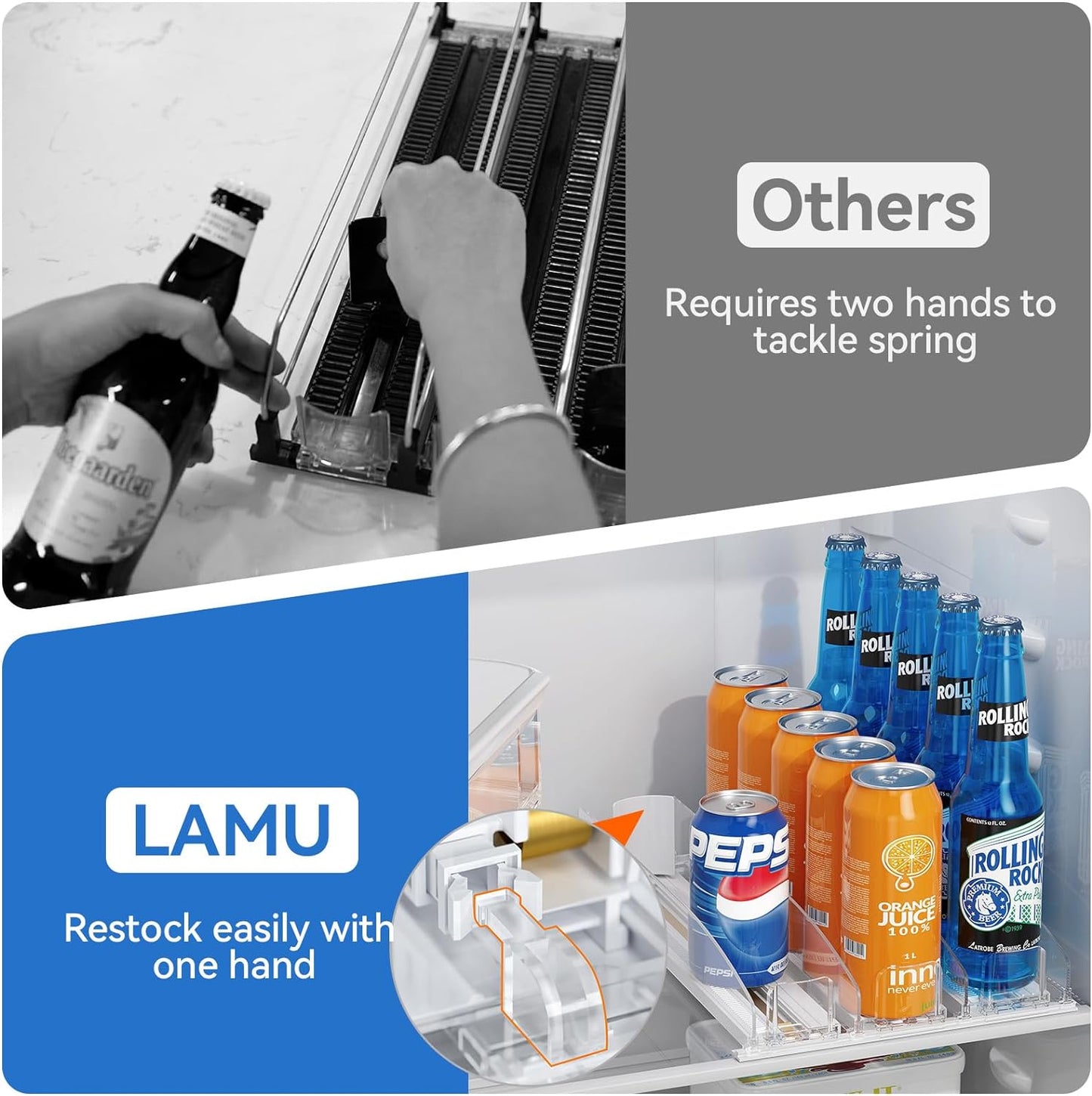 LAMU Drink Organizer for Fridge - [Stabilize-Speed Damper] Automatic Pusher Glide Soda Drink Can Dispenser Beverage Organizer for Refrigerator 14.96" D, Adjustable for 6-20oz