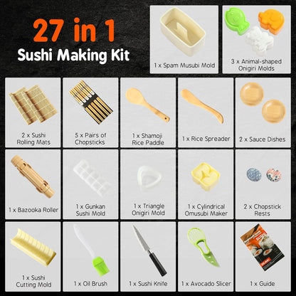 Delamu Sushi Making Kit 27 in 1 [Parent-Child] Sushi Kit, for Beginners/Pros Sushi Makers, with Bamboo Sushi Mats, Sushi Bazooka, Onigiri Mold, Rice Paddle, Sushi Knife, Guide Book & More