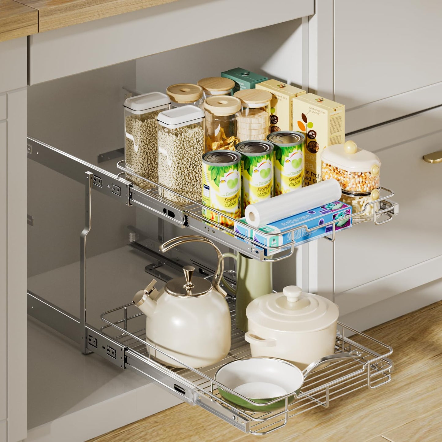 Delamu Pull Out Cabinet Organizer (14" W X 21" D), 2 Tier Pull Out Shelf for Kitchen Cabinet, Heavy Duty Slide Out Shelf for Kitchen, Pantry, Bathroom