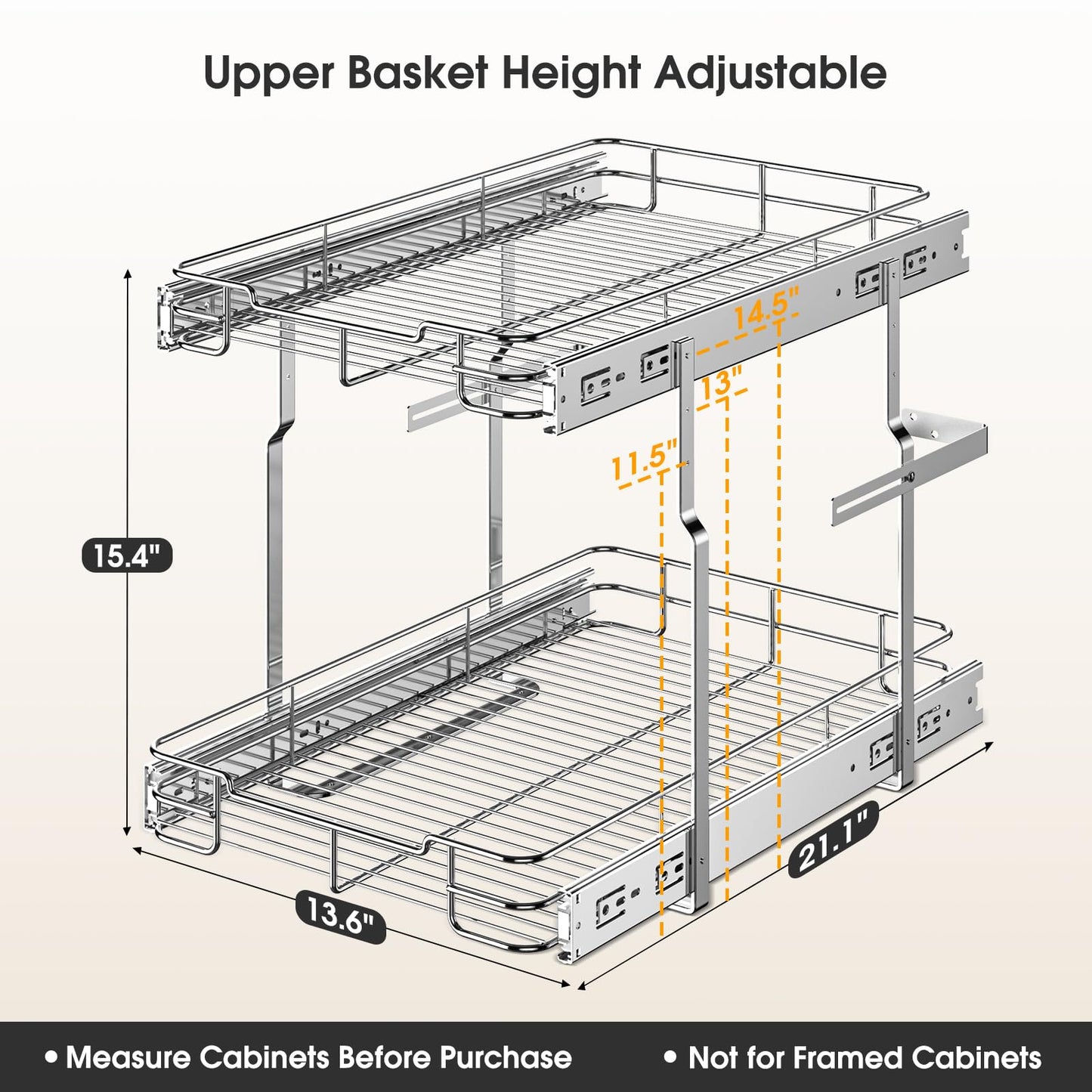 Delamu Pull Out Cabinet Organizer (14" W X 21" D), 2 Tier Pull Out Shelf for Kitchen Cabinet, Heavy Duty Slide Out Shelf for Kitchen, Pantry, Bathroom